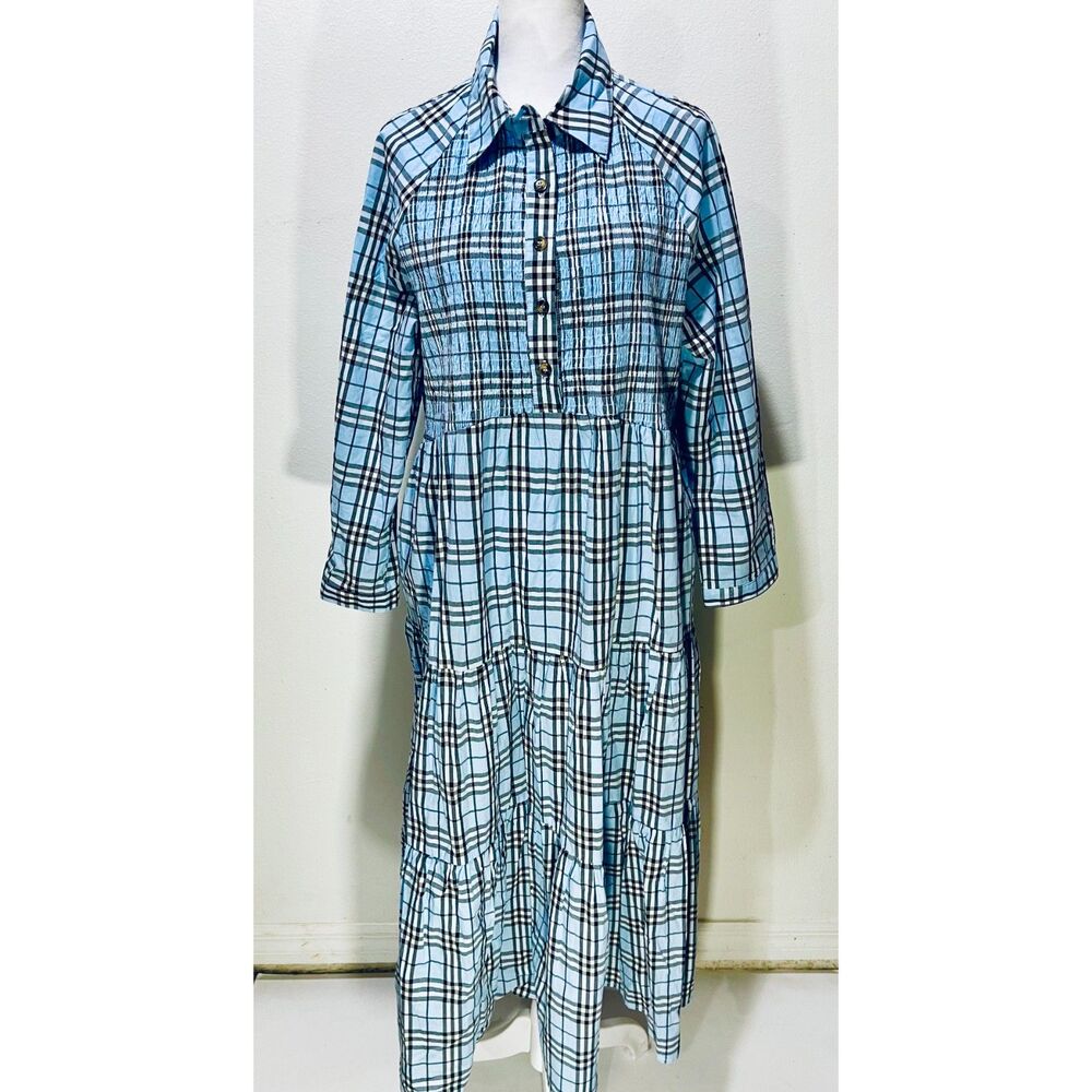 Duffield Lane maxi shirt dress broomstick long sleeve blue plaid casual women' L